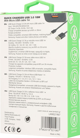 Lamtech Φορτιστής με Θύρα USB-A και Καλώδιο micro USB 18W Quick Charge 3.0 Λευκός (LAM021974)
