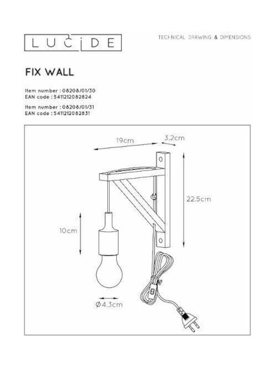Lucide Lightning Vintage Lamp Wall Socket with Socket E27 and Switch Black 22cm