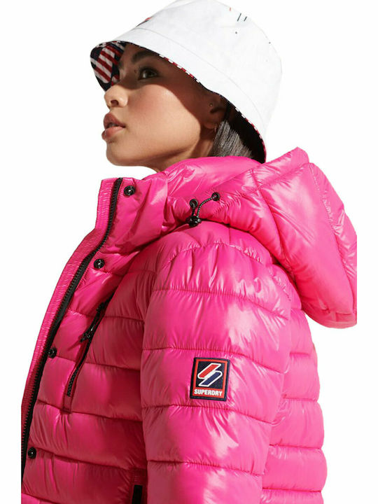 Superdry Fuji Κοντό Γυναικείο Puffer Μπουφάν για Χειμώνα Hot Pink