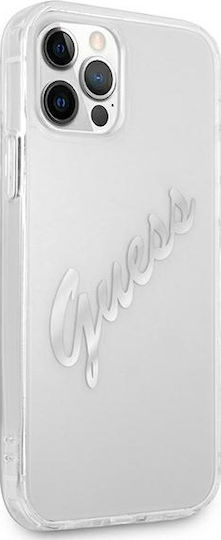 Guess Vintage Script Silver Umschlag Rückseite Kunststoff Transparent (iPhone 12 / 12 Pro)