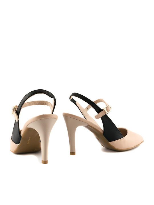 Leather Pointed Toe Stiletto Beige High Heels 1903