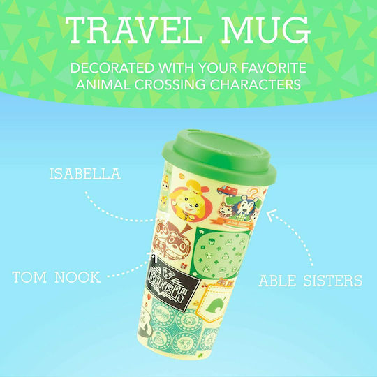 Paladone Animal Crossing Travel Glass Thermos Plastic 450ml Green with Mouthpiece