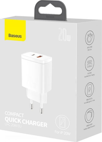 Baseus Charger Without Cable with USB-A Port and USB-C Port 20W Power Delivery / Quick Charge 3.0 Whites (Compact)