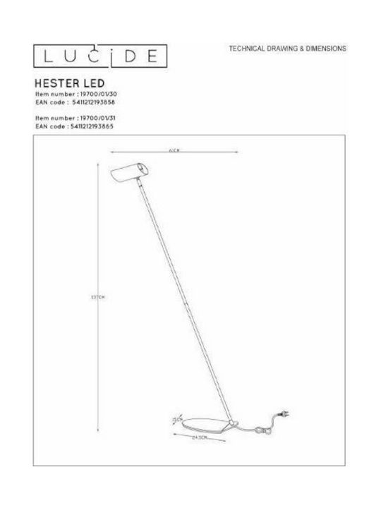Lucide Lightning Hester Floor Lamp H137xW15cm. with Socket for Bulb GU10 White