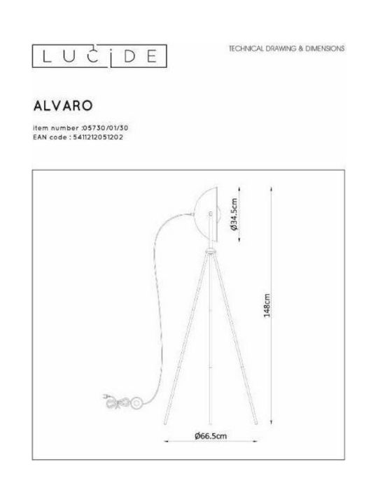 Lucide Lightning Alvaro Vintage Floor Lamp H148xW66.5cm. with Socket for Bulb E27 Black