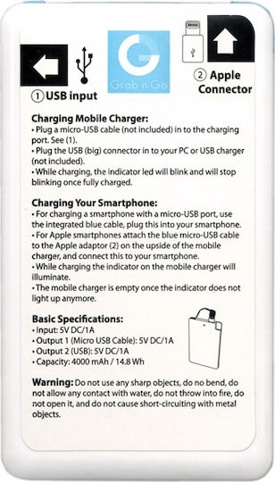 GRAB N GO GNG128 Power Bank 4000mAh με Θύρα USB-A Λευκό