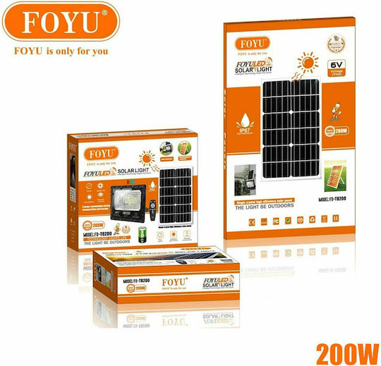 Foyu Στεγανός Ηλιακός Προβολέας LED 200W Ψυχρό Λευκό 6000K με Τηλεχειριστήριο IP67