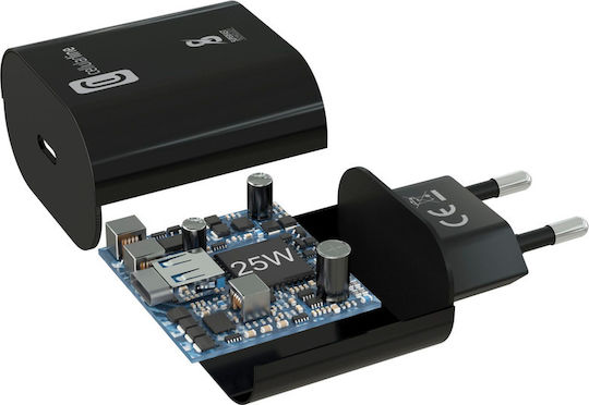 Cellular Line Ladegerät ohne Kabel mit USB-C Anschluss 25W Stromlieferung Schwarzs (ACHSMUSBCPD25WK)