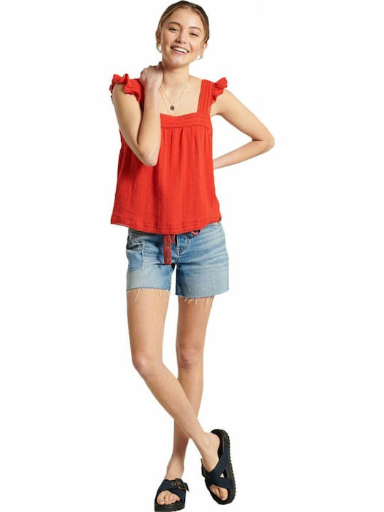 Superdry Damen Sommer Bluse Ärmellos Rot