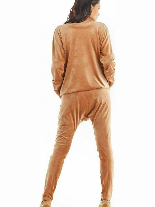 Awama Hohe Taille Damen-Sweatpants Jogger Beige Samt