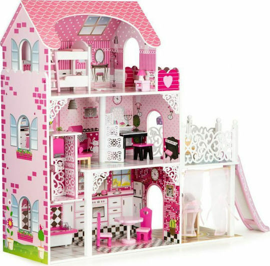 Ecotoys Μεγάλο Ξύλινο Κουκλόσπιτο Με Έπιπλα,Ασανσέρ Και Τσουλήθρα Ξύλινο Κουκλόσπιτο