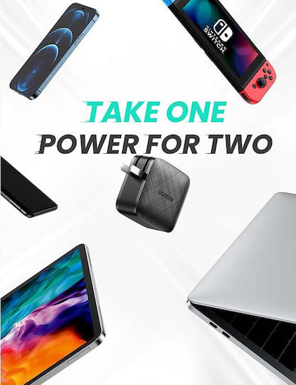Ugreen Incarcător Fără Cablu GaN Cu 2 Porturi De Ieșire USB-C 66W Livrarea Energiei Quick Charge 2.0 Quick Charge 3.0 Negru (CD216)