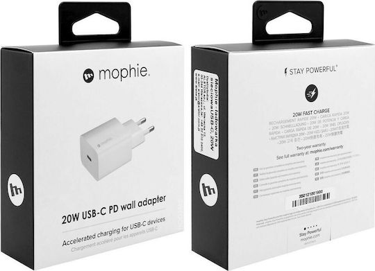 Mophie Φορτιστής Χωρίς Καλώδιο GaN με Θύρα USB-C 20W Quick Charge 2.0 Λευκός (409907457)
