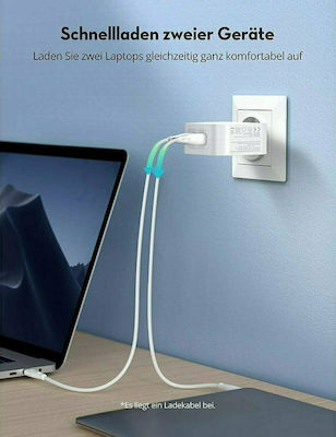 RAVPower Charger with 2 USB-C ports and USB-C Cable 90W Power Delivery in White Colour (RP-PC128)