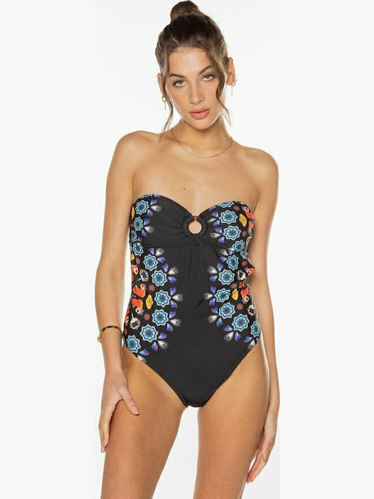 Waikiki Strapless Badeanzug Blumen Schwarz