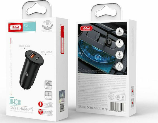 XO CC38 Auto Ladegerät 20W 3A Schnellladen mit Anschlüssen: 1xUSB-A 1xType-C Schwarz Farbe