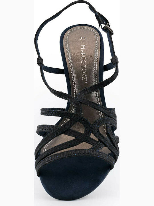 Marco Tozzi Leather Women's Sandals Navy Blue with Thin Medium Heel