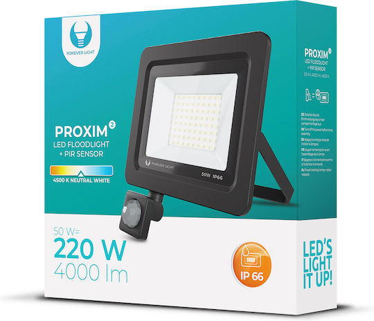 Forever Light PROXIM II Waterproof LED Floodlight 50W Natural White 4500K with Motion Sensor IP66