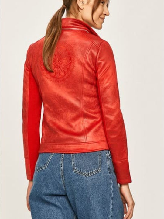 Desigual Broward Women's Short Biker Artificial Leather Jacket for Winter Red