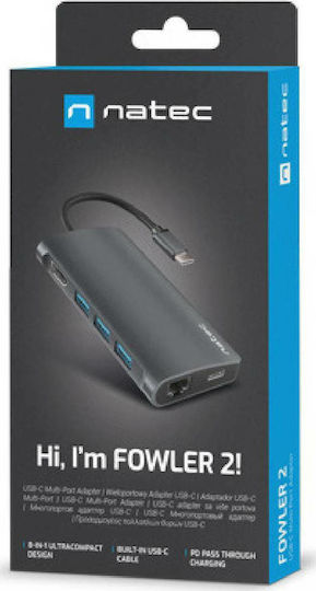 Natec Fowler 2 USB-C Докинг станция с HDMI 4K PD Етърнет Сив