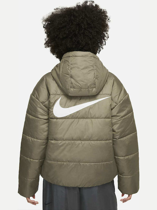 Nike Therma Fit Κοντό Γυναικείο Puffer Μπουφάν για Χειμώνα Χακί