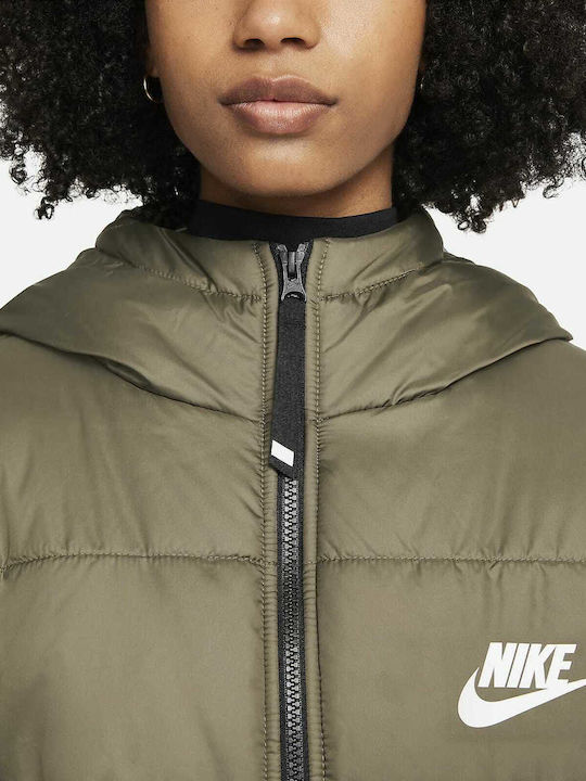 Therma Fit Women's Short Puffer Jacket for Winter with Hood Khaki