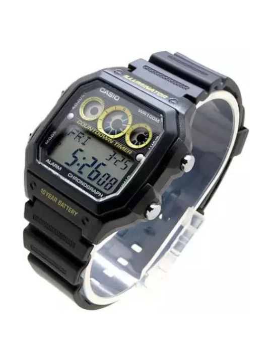 Casio Дигитален Мъжки Часовник 45mm Хронограф На Батерия С Черна Каучукова Каишка