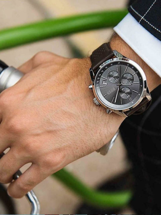 Boss Grand Prix Мъжки Часовник 44mm Хронограф На Батерия с Кафява Кожена Каишка
