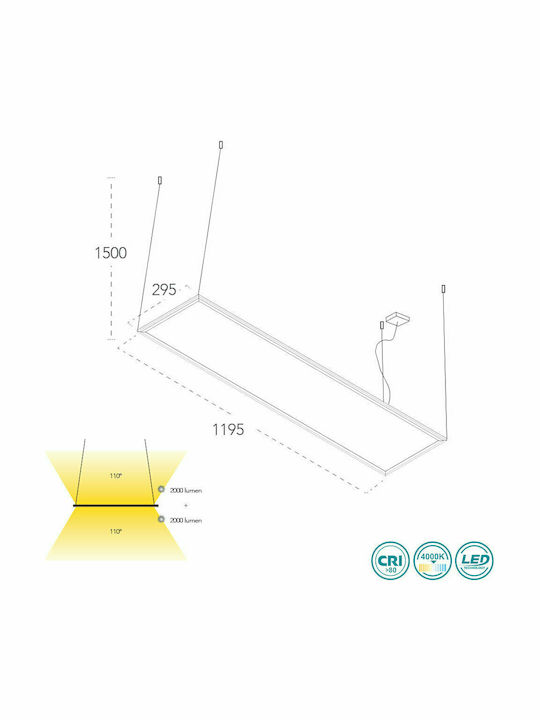 Fan Europe Panel Παραλληλόγραμμο Κρεμαστό LED Panel 40W με Ρυθμιζόμενο Λευκό Φως 120x30εκ.
