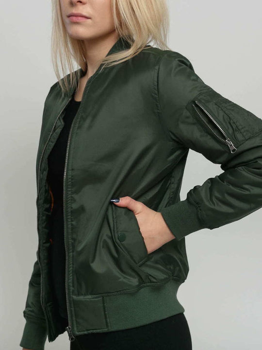 Women's Short Bomber Jacket for Winter Olive