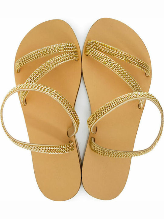 Leather Women's Flat Sandals in Gold Color