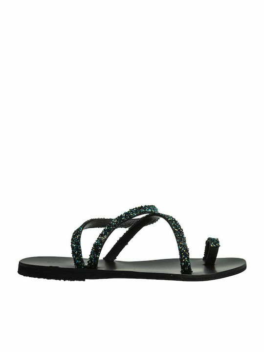 Sofia Manta Leather Women's Sandals with Ankle Strap with Strass Midnight Black