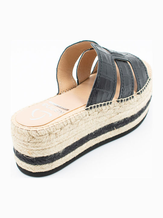 20ΚV20252 Leather Women's Flat Sandals Flatforms in Black Color