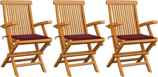 Градински Стол Дървен Дърво Teak Бордо с Възглавница 3 Бройки 55x60x89см