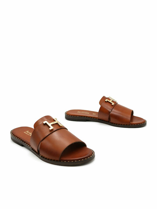 Leather Women's Flat Sandals in Tabac Brown Color