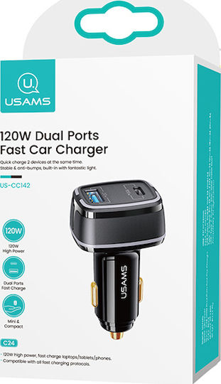 Usams US-CC142 Φορτιστής Αυτοκινήτου 120W με Θύρες: 1xUSB 1xType-C Μαύρο Χρώμα
