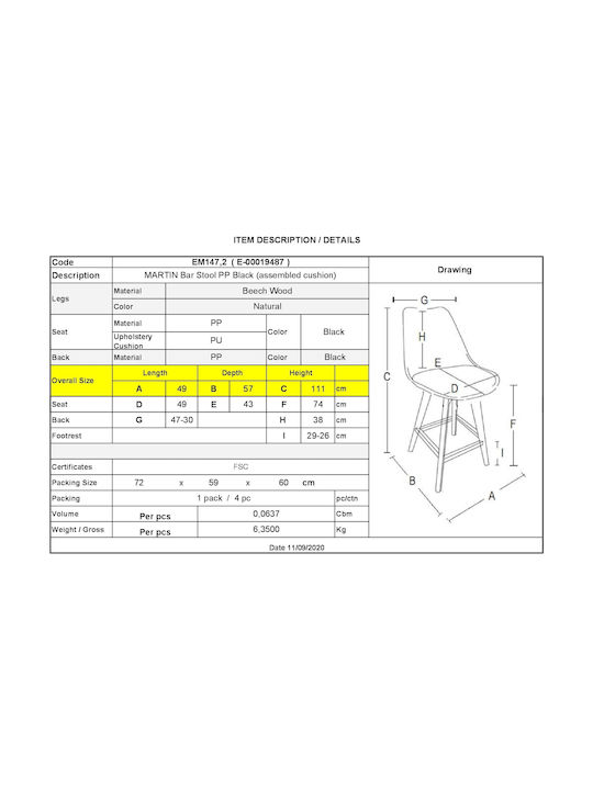 Stools Bar with Backrest from Polypropylene Martin Black 1pcs 49x54x111cm ΕΜ147,2