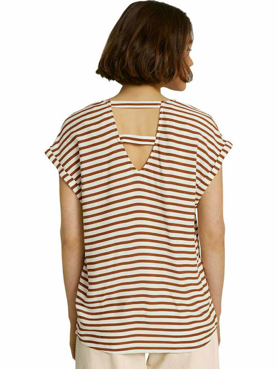 Tom Tailor Women's Summer Blouse Short Sleeve with V Neckline Striped Brown