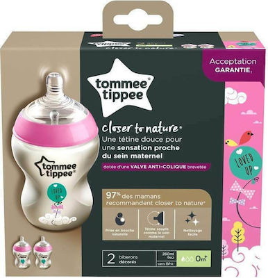 Tommee Tippee Сет Пластмасови Биберони Closer to Nature Против Колики със Силиконова Зърнала за 0+, 0+ m, месеци Розов 260мл 2бр