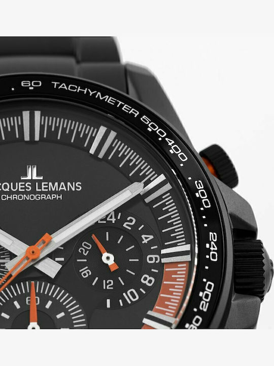 Jacques Lemans Liverpool Ανδρικό Ρολόι 40mm Χρονογράφος Μπαταρίας με Μαύρο Μεταλλικό Μπρασελέ