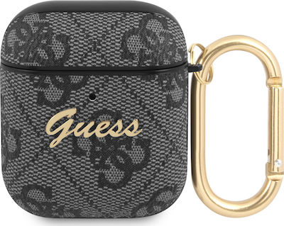 Guess 4G Script Metal Logo Case Synthetic Leather with Hook in Gray color for Apple AirPods 1 / AirPods 2