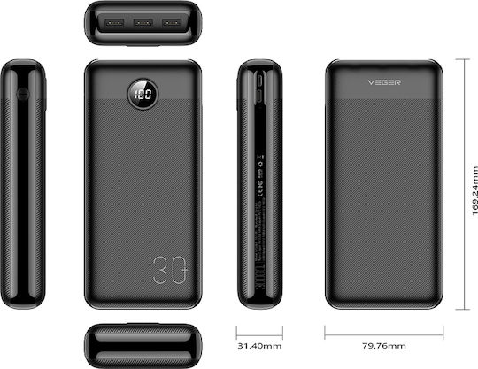 Veger L30 VP3008PD Power Bank 30000mAh 20W με 3 Θύρες USB-A και Θύρα USB-C Μαύρο