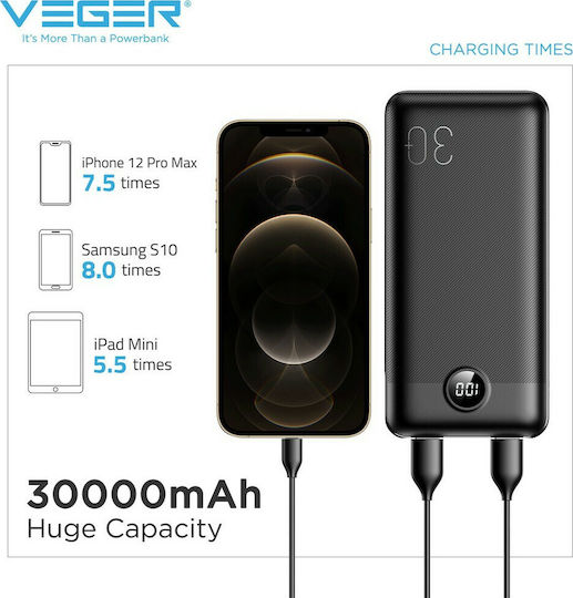 Veger L30 VP3008PD Power Bank 30000mAh 20W με 3 Θύρες USB-A και Θύρα USB-C Μαύρο