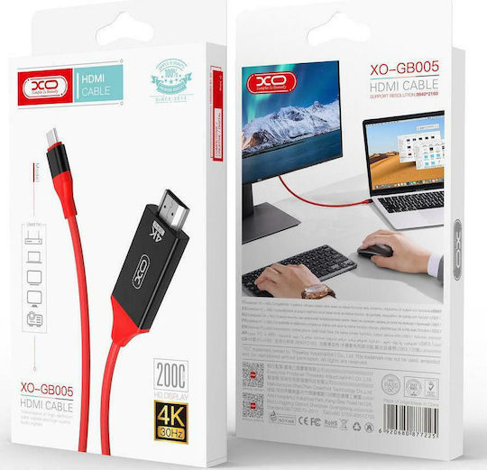 XO GB-005 HDMI 1.4 High Speed 1080p 120Hz Cable HDMI Male - USB-C Male 2m Red