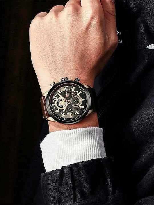 Curren Ανδρικό Ρολόι 47mm Χρονογράφος Μπαταρίας με Καφέ Δερμάτινο Λουράκι