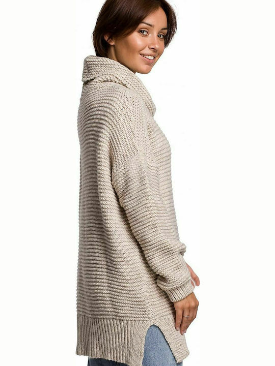 BE Knit Women's Long Sleeve Sweater Turtleneck Beige