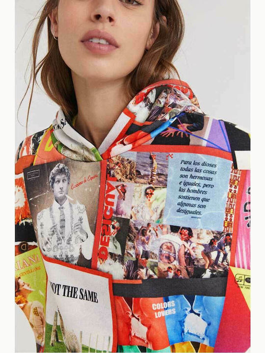 Mix Post Cards Long Women's Sweatshirt Hooded Multicolour