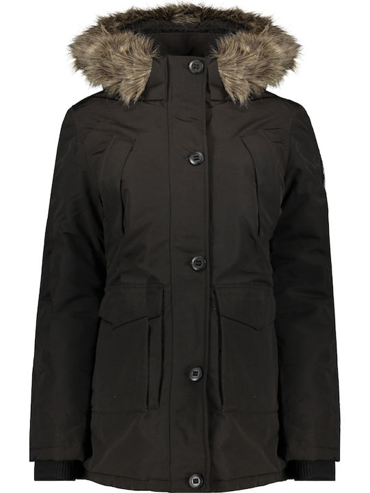 Everest Lang Damen Parka Jacke mit pelziger Kapuze für Winter Schwarz