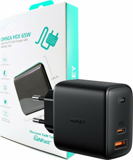 Aukey Φορτιστής Χωρίς Καλώδιο GaN με Θύρα USB-A και Θύρα USB-C 65W Power Delivery Μαύρος (PA-B3)
