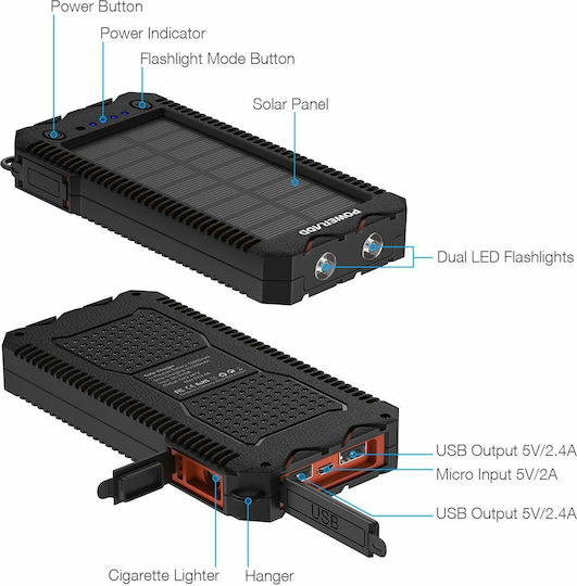 Poweradd Apollo 2 Solar Power Bank 12000mAh 18W cu 2 Porturi USB-A Negru